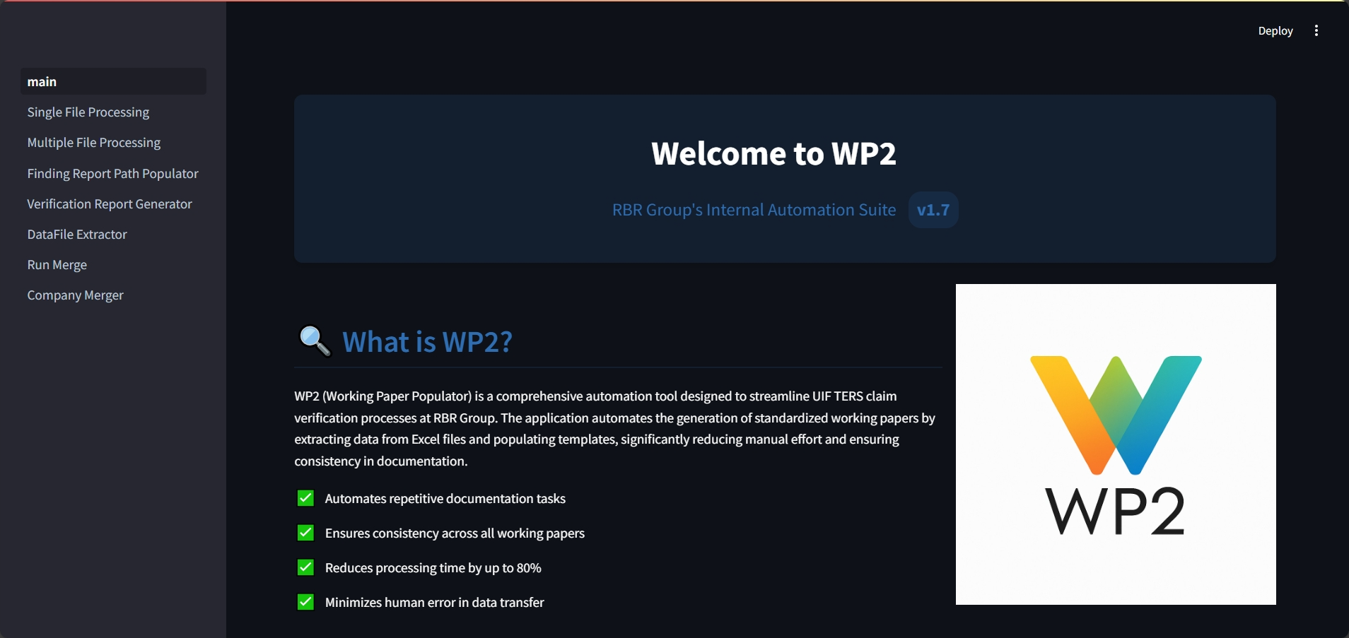 WP2 Main Dashboard Interface