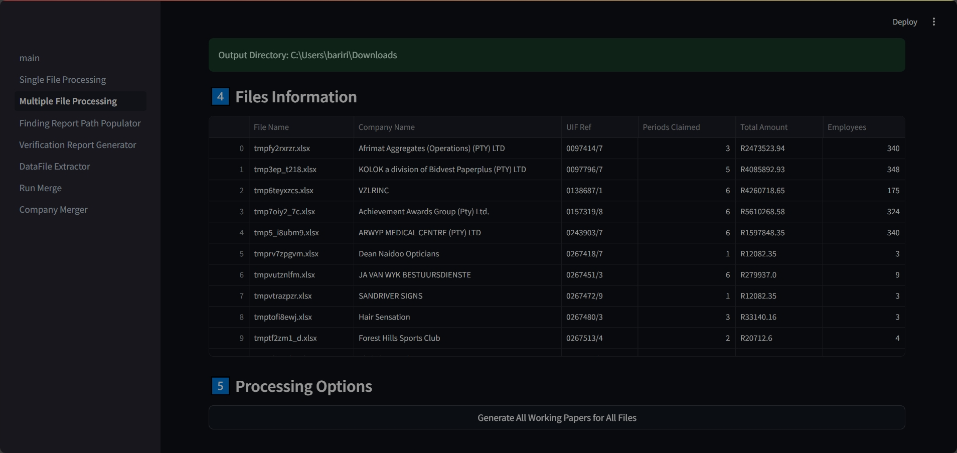 WP2 Multiple File Processing Interface