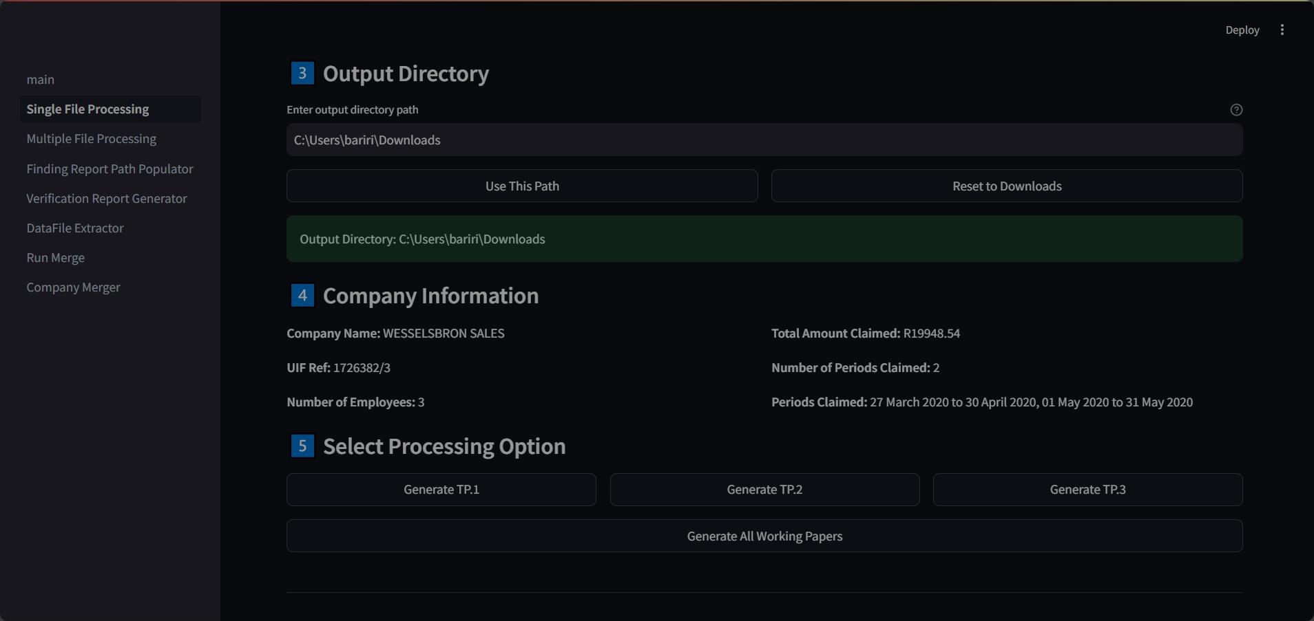 WP2 Single File Processing Interface